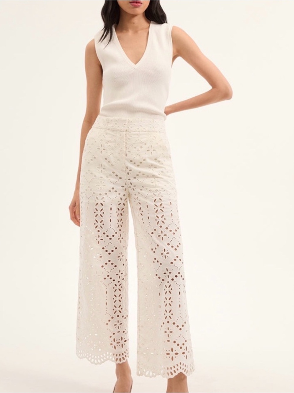 Veronica Beard Kemper Eyelet Wide-Leg Pants 8